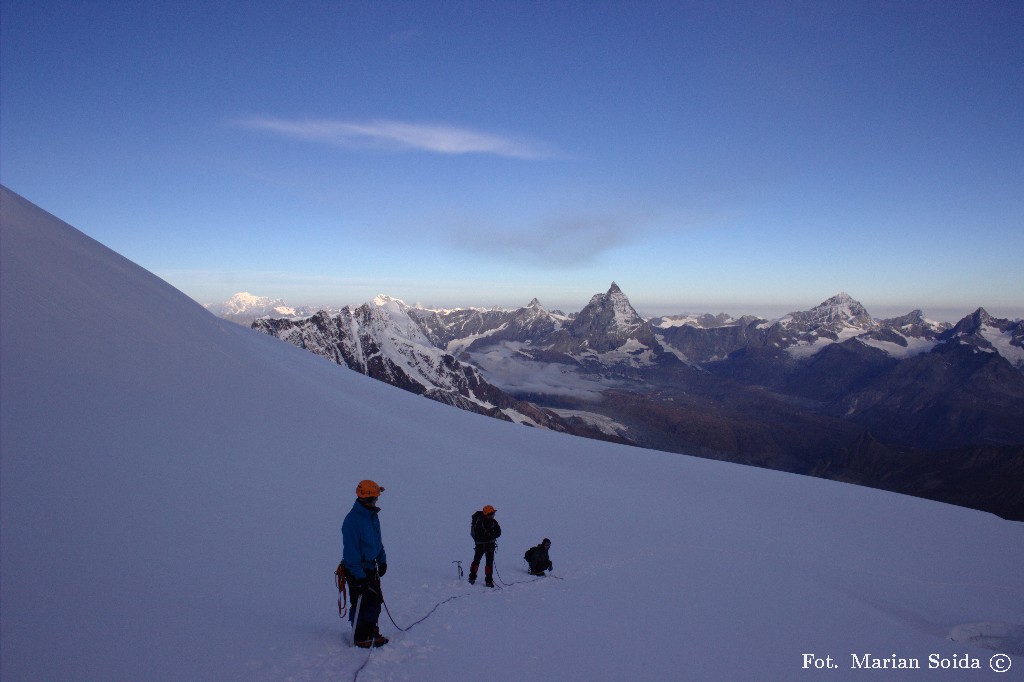 Mont Blanc, Breithorn, Matterhorn, Dent Blanche spod Silbersattel