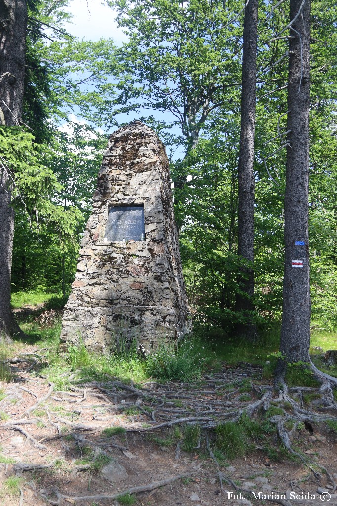 Obelisk w zejściu na Przełęcz Sokolą